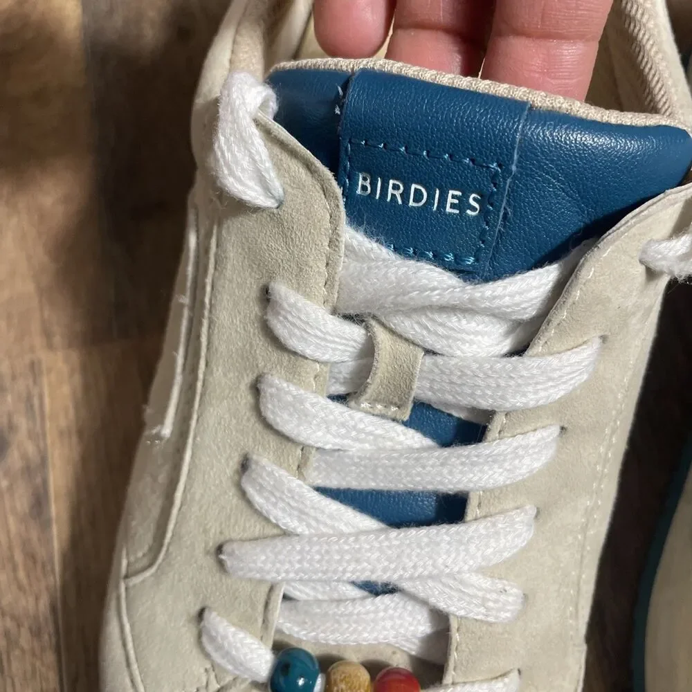 Birdies Suede Sneakers Womens 8 Cream Blue Lace Up Comfort Casual